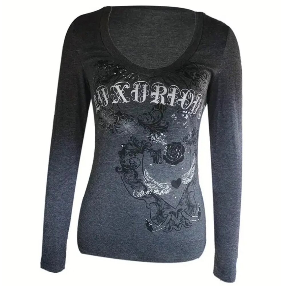 Y2K Geometric Print V-Neck Long Sleeve T-Shirt – Stretchy & Stylish